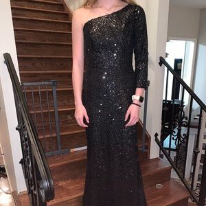 Black sequin one sleeve formal gown, size medium